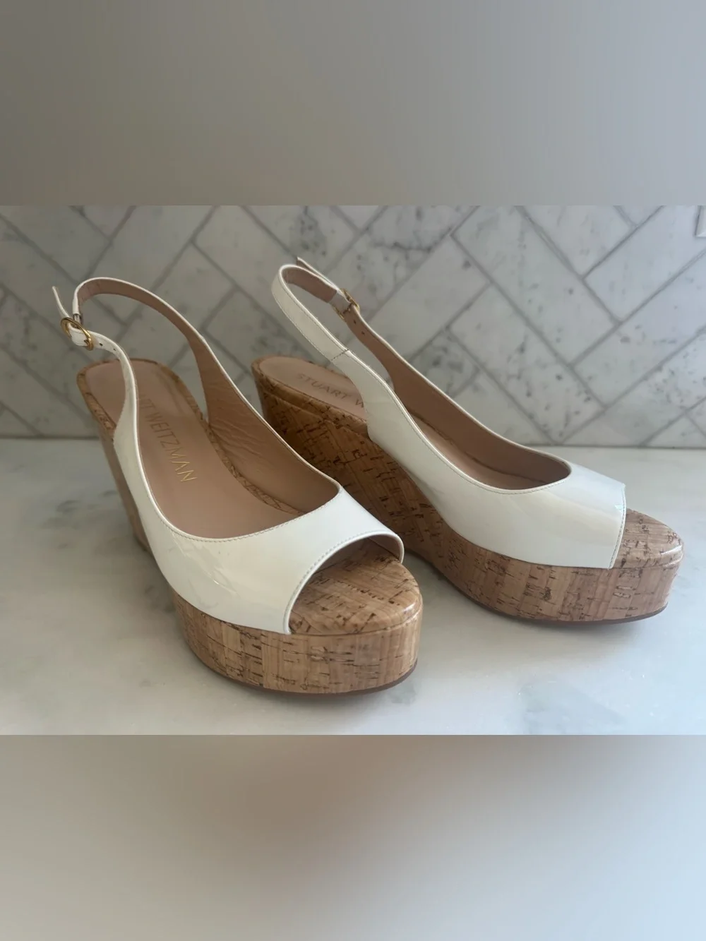 Stuart Weitzman White Patent Cork Platform Wedge Slingbacks 8.5 - Picture 13 of 15